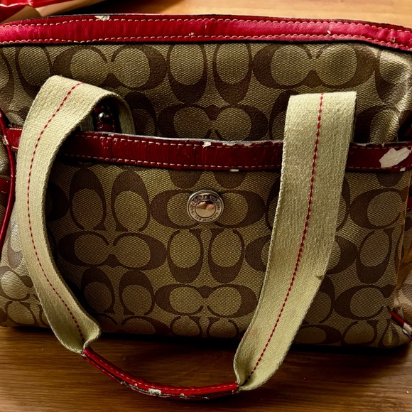 Coach Heritage Stripe Satchel Red leather accents Lot of wear Restoration bag - Picture 7 of 14
